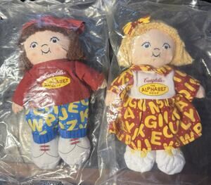 Campbell’s Soup Company Kids Alphabet Soup Plush Dolls Set Of 2 Boy & Girl Vintg